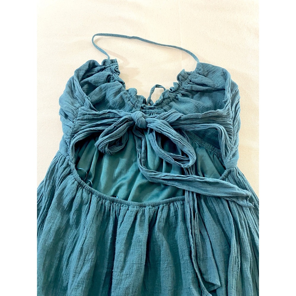 Dress Day Teal Gauze Tiered Ruffle Halter Maxi Dress Large Boho Open Back - Picture 3 of 5